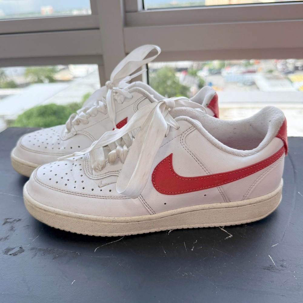 Nike White Red Court Vision Low Sneakers Women Size 7 Satin Laces HV5246-100